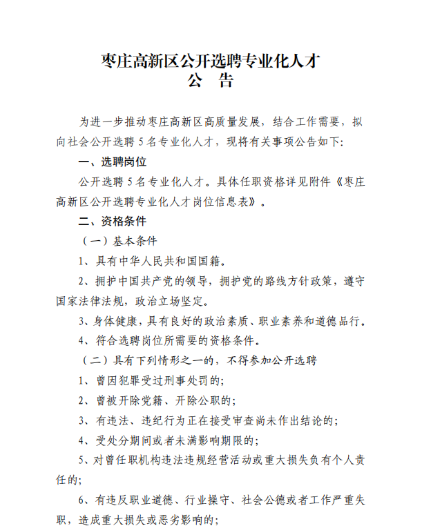 山东枣庄高新区公开选聘专业化人才5人