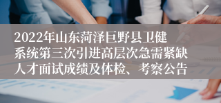 2022年山东菏泽巨野县卫健系统第三次引进高层次急需紧缺人才面试成绩及体检、考察公告