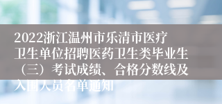 2022浙江温州市乐清市医疗卫生单位招聘医药卫生类毕业生（三）考试成绩、合格分数线及入围人员名单通知