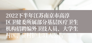 2022下半年江苏南京市高淳区卫健委所属部分基层医疗卫生机构招聘编外卫技人员、大学生村医、驻村护士31人公告