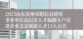 2022山东滨州市阳信县使用事业单位高层次人才编制专户引进企业急需紧缺人才13人公告