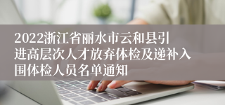 2022浙江省丽水市云和县引进高层次人才放弃体检及递补入围体检人员名单通知