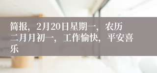 简报，2月20日星期一，农历二月月初一，工作愉快，平安喜乐