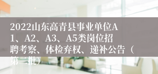 2022山东高青县事业单位A1、A2、A3、A5类岗位招聘考察、体检弃权、递补公告（第二批）