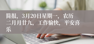 简报，3月20日星期一，农历二月月廿九，工作愉快，平安喜乐