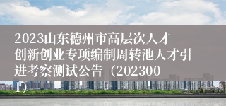 2023山东德州市高层次人才创新创业专项编制周转池人才引进考察测试公告（2023001）