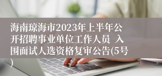 海南琼海市2023年上半年公开招聘事业单位工作人员  入围面试人选资格复审公告(5号)