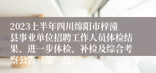 2023上半年四川绵阳市梓潼县事业单位招聘工作人员体检结果、进一步体检、补检及综合考察公告（第一批）