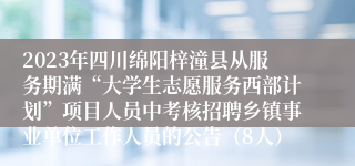 2023年四川绵阳梓潼县从服务期满“大学生志愿服务西部计划”项目人员中考核招聘乡镇事业单位工作人员的公告（8人）