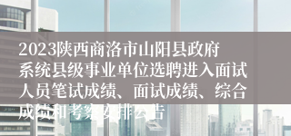 2023陕西商洛市山阳县政府系统县级事业单位选聘进入面试人员笔试成绩、面试成绩、综合成绩和考察安排公告