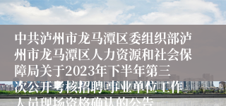 中共泸州市龙马潭区委组织部泸州市龙马潭区人力资源和社会保障局关于2023年下半年第三次公开考核招聘 事业单位工作人员现场资格确认的公告