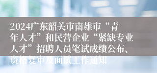 2024广东韶关市南雄市“青年人才”和民营企业“紧缺专业人才”招聘人员笔试成绩公布、资格复审及面试工作通知