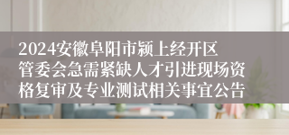 2024安徽阜阳市颍上经开区管委会急需紧缺人才引进现场资格复审及专业测试相关事宜公告