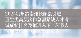 2024贵州黔南州长顺县引进卫生类高层次和急需紧缺人才考试成绩排名及拟进入下一环节人员和资格复审相关事宜公告