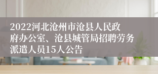 2022河北沧州市沧县人民政府办公室、沧县城管局招聘劳务派遣人员15人公告