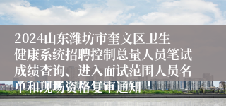 2024山东潍坊市奎文区卫生健康系统招聘控制总量人员笔试成绩查询、进入面试范围人员名单和现场资格复审通知