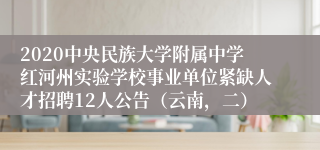 2020中央民族大学附属中学红河州实验学校事业单位紧缺人才招聘12人公告（云南，二）