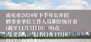 南充市2024年下半年公开招聘事业单位工作人员职位统计表(截至11月5日10：00点)重要提示：报名将在11月8日17∶00结束）