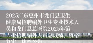 2025广东惠州市龙门县卫生健康局招聘编外卫生专业技术人员和龙门县总医院2025年第一批招聘编外人员总成绩、资格复审、体检公告