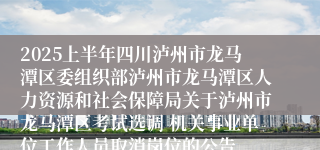 2025上半年四川泸州市龙马潭区委组织部泸州市龙马潭区人力资源和社会保障局关于泸州市龙马潭区考试选调 机关事业单位工作人员取消岗位的公告