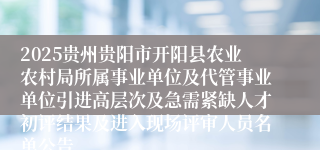 2025贵州贵阳市开阳县农业农村局所属事业单位及代管事业单位引进高层次及急需紧缺人才初评结果及进入现场评审人员名单公告