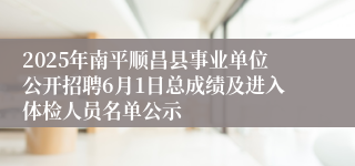 2025年南平顺昌县事业单位公开招聘6月1日总成绩及进入体检人员名单公示