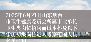 2025年6月21日山东烟台市卫生健康委员会所属事业单位卫生类岗位招聘面试本科及以下学历初级岗位进入考察范围人员名单通知