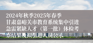 2024年秋季2025年春季甘肃嘉峪关市教育系统集中引进急需紧缺人才（第一批）体检考察结果及拟引进人员公示