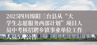 2025四川绵阳三台县从“大学生志愿服务西部计划”项目人员中考核招聘乡镇事业单位工作人员5人公告