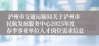  泸州市交通运输局关于泸州市民航发展服务中心2025年度春季事业单位人才岗位需求信息的补充公告（第二批）