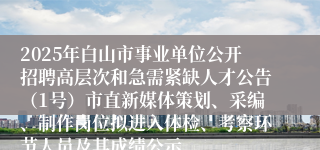 2025年白山市事业单位公开招聘高层次和急需紧缺人才公告（1号）市直新媒体策划、采编、制作岗位拟进入体检、考察环节人员及其成绩公示