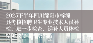 2025下半年四川绵阳市梓潼县考核招聘卫生专业技术人员补检、进一步检查、递补人员体检结论及综合考察公告