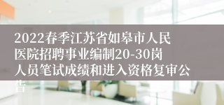 2022春季江苏省如皋市人民医院招聘事业编制20-30岗人员笔试成绩和进入资格复审公告