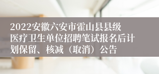 2022安徽六安市霍山县县级医疗卫生单位招聘笔试报名后计划保留、核减（取消）公告