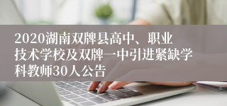 2020湖南双牌县高中、职业技术学校及双牌一中引进紧缺学科教师30人公告